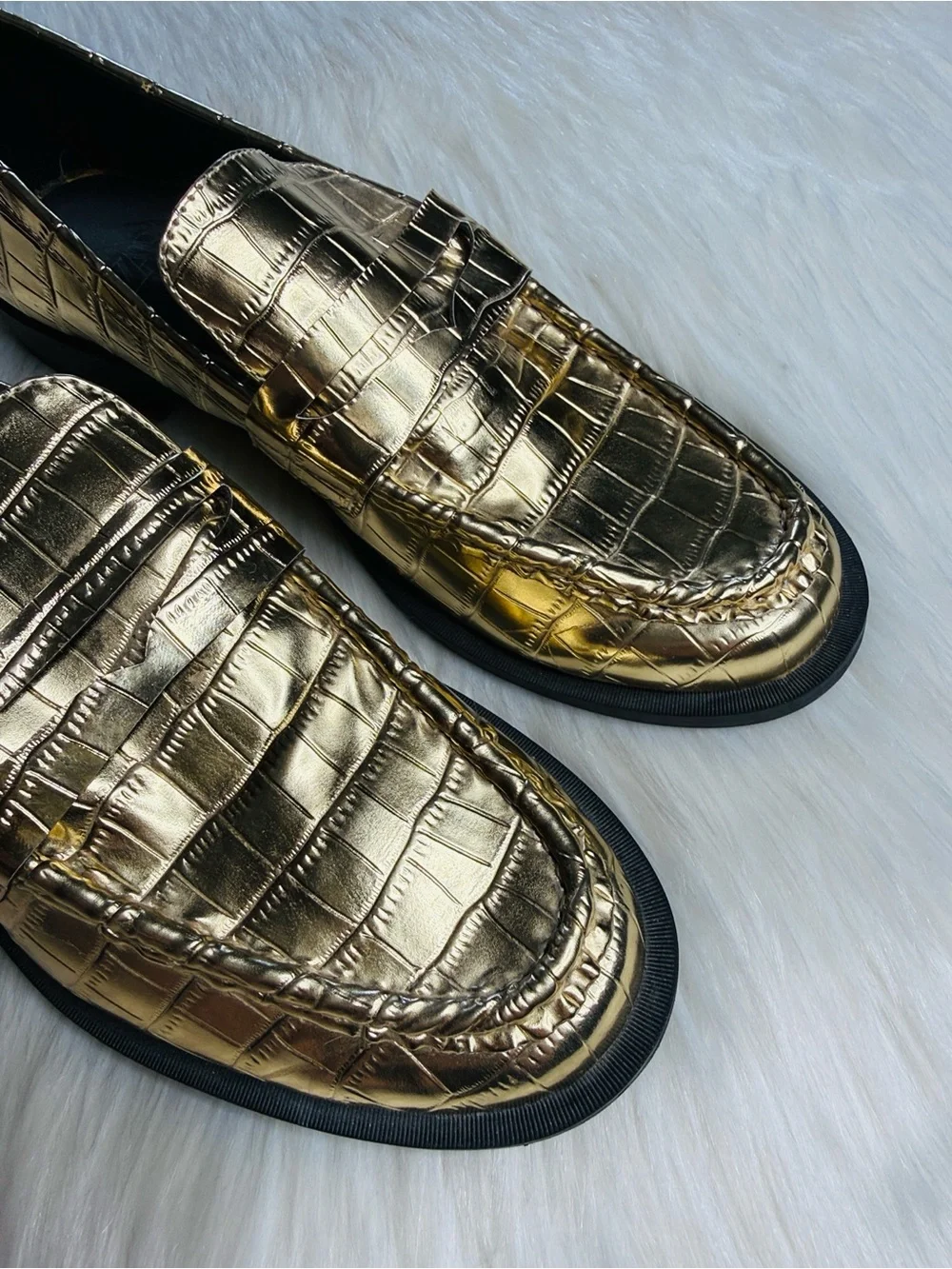 Zara Gold Metallic Croc Embossed Loafers
